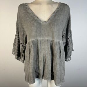 Miss Sugar Gray Blouse with Crochet Accents L-XL